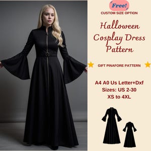 Könnte beinhalten: Ein schwarzes Halloween-Cosplay-Kleid-Muster mit langem Rock und Glockenärmeln. Das Muster umfasst die Größen US 2-30, XS bis 4XL. Das Muster ist in den Größen A4, A0 und US Letter sowie im DXF-Format erhältlich.  "Free!" und "Gift Pinafore Pattern" sind im Bild zu sehen.