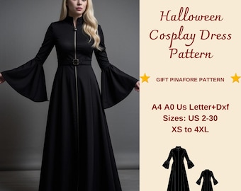 May include: A black Halloween cosplay dress pattern with a long skirt and bell sleeves. The pattern includes sizes US 2-30, XS to 4XL. The pattern is available in A4, A0, and US Letter sizes, as well as DXF format.  "Free!" and "Gift Pinafore Pattern" are written in the image.