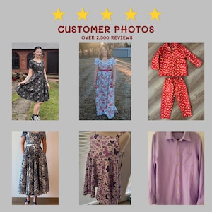 K&ouml;nnte beinhalten: Eine Collage von Kundenfotos, die verschiedene Kleidungsst&uuml;cke zeigen. Gezeigt werden Kleider mit floralen und abstrakten Mustern, ein rotes Pyjama-Set mit sich wiederholendem Design und ein lavendelfarbenes Hemd mit Kn&ouml;pfen. Der Text "CUSTOMER PHOTOS" und "OVER 2,500 REVIEWS" ist sichtbar.