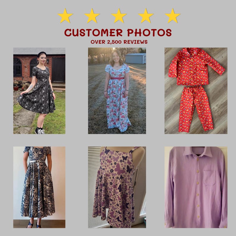 K&ouml;nnte beinhalten: Eine Collage von Kundenfotos, die verschiedene Kleidungsst&uuml;cke zeigen. Gezeigt werden Kleider mit floralen und abstrakten Mustern, ein rotes Pyjama-Set mit sich wiederholendem Design und ein lavendelfarbenes Hemd mit Kn&ouml;pfen. Der Text "CUSTOMER PHOTOS" und "OVER 2,500 REVIEWS" ist sichtbar.