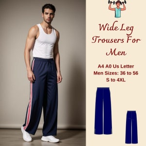 May include: Wide leg trousers with red and white stripes down the sides. The trousers are navy blue and have a drawstring waist. The image also includes a diagram of the trousers in navy blue with white stripes.