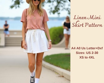 May include: A white linen mini skirt pattern in sizes US 2-30 (XS to 4XL). The pattern includes instructions for sewing a skirt with a drawstring waist. The pattern is available in A4, A0, and US Letter sizes, and includes a Dxf file.