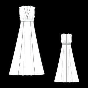 May include: Two sleeveless maxi dresses with a V-neckline and a fitted waist. The dress on the left is longer than the dress on the right.