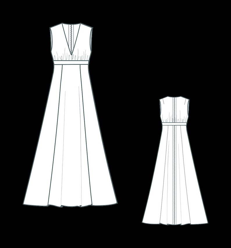 May include: Two sleeveless maxi dresses with a V-neckline and a fitted waist. The dress on the left is longer than the dress on the right.