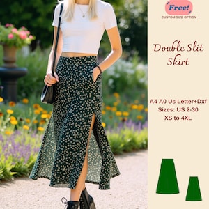 Peut inclure: Patron de couture numérique pour une jupe fendue double en vert avec un imprimé floral. Le patron comprend les tailles françaises 34-52, XS à 4XL. Le patron est disponible aux formats A4, A0, Lettre US et DXF.