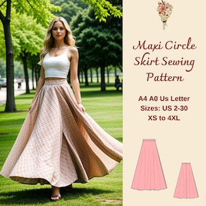 Patron de couture de jupe longue cercle, jupe longue, jupe cercle, jupe taille élastique, modèle de jupe modeste, jupe fendue, A4 A0 US 2-30