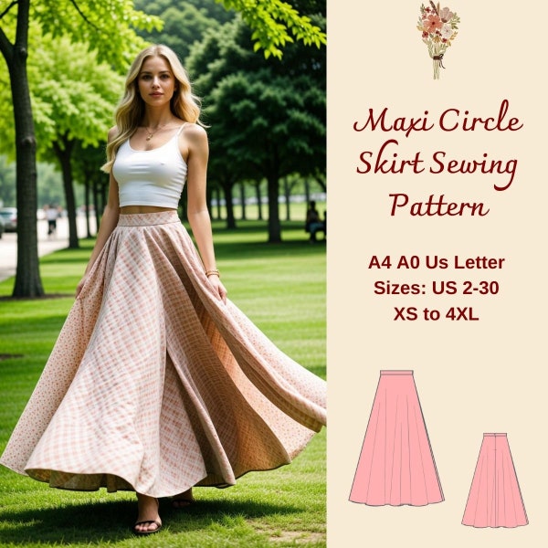 Patron de couture de jupe longue cercle, jupe longue, jupe cercle, jupe taille élastique, modèle de jupe modeste, jupe fendue, A4 A0 US 2-30
