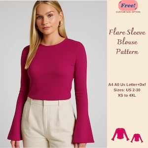 May include: A woman wearing a magenta long-sleeve blouse with flared sleeves and a round neckline. The blouse is paired with beige pants. Text on the right reads "Flare Sleeve Blouse Pattern" and "Sizes: US 2-30 XS to 4XL."