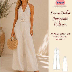 Linen Boho Jumpsuit Sewing Pattern, Halter Neck Palazzo Jumpsuit, Open Back With Tie,  XS-4XL