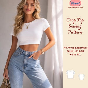 以下が含まれることがあります： 「Crop Top Sewing Pattern」のテキストが入った白いクロップトップの縫製パターン。パターンにはUS 2-30とXSから4XLのサイズが含まれています。画像には「Free!」カスタムサイズオプションも含まれています。