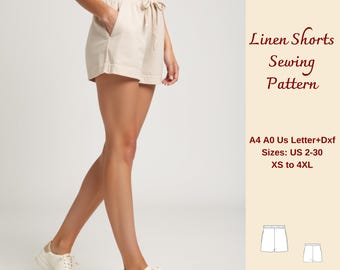 Women's Linen Shorts Sewing Pattern, Elastic Waist (XS-4XL) (PDF Pattern)