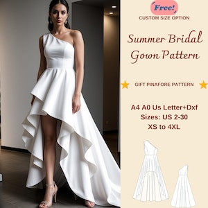 High Low Bridal Gown Sewing Pattern, One Shoulder Bridal Gown, Cocktail Dress Pattern, Summer Wedding Dress, Evening Gown, XS-4XL