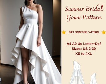 High Low Bridal Gown Sewing Pattern, One Shoulder Bridal Gown, Cocktail Dress Pattern, Summer Wedding Dress, Evening Gown, XS-4XL