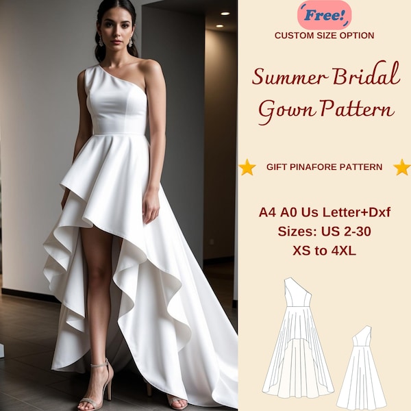 High Low Bridal Gown Sewing Pattern, One Shoulder Bridal Gown, Cocktail Dress Pattern, Summer Wedding Dress, Evening Gown, XS-4XL