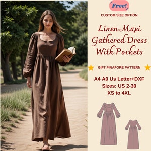 Puede incluir: Un vestido maxi de lino marrón con mangas largas y bolsillos. El vestido está fruncido en la cintura y tiene un escote cuadrado. El vestido se muestra en una modelo en un entorno de jardín. La imagen también incluye una superposición de texto que dice "Free!" y "Custom Size Option". El texto también dice "Linen Maxi Gathered Dress With Pockets", "Gift Pinafore Pattern", "A4 A0 Us Letter+DXF", "Sizes: US 2-30", y "XS to 4XL".