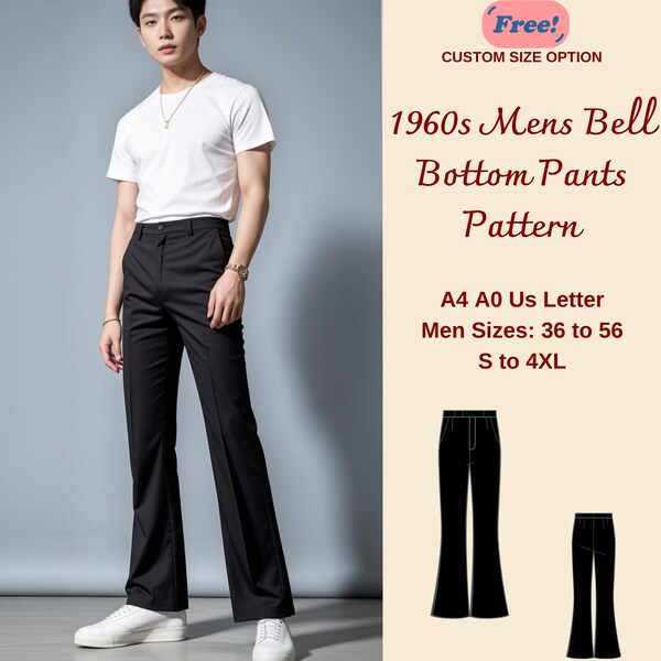 Men’s flare pants sewing pattern, 1960s Mens Bell Bottom Pants, Disco Pants, 1970s pants, Men's Pants Pattern, Men Size: 36 to 56 S-4XL