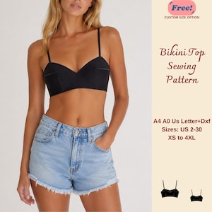 Peut inclure: Un haut de bikini noir avec des bretelles fines et un décolleté en cœur. Le texte indique : Free! CUSTOM SIZE OPTION, Bikini Top Sewing Pattern, A4 A0 Us Letter+Dxf, Sizes: US 2-30, XS to 4XL. Deux petites icônes de haut de bikini en bas.