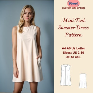 Pode incluir: Um vestido de verão mini-tenda sem mangas, cor creme, com bolsos. O vestido é mostrado em uma modelo e está disponível nos tamanhos US 2-30, XS a 4XL. A imagem também inclui o texto "Mini Tent Summer Dress Pattern".