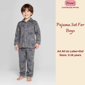 May include: A grey pajama set for boys, comprising a button-down shirt and trousers. The set has a floral pattern in blue and yellow. The text "Pajama Set For Boys" is visible. Sizes available: 2-16 years.
