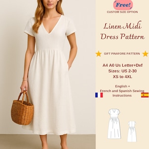 Linen Midi Dress Sewing Pattern: Cottagecore V-Neck (XS-4XL) (PDF)