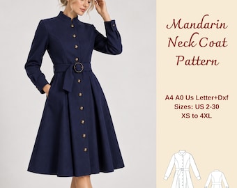 Mandarin Neck Coat Sewing Pattern,  Women's Button Front Winter Jacket, XS-4XL
