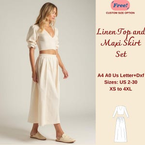 Pode incluir: Um padrão de costura digital para um conjunto de top e saia maxi de linho. O padrão inclui os tamanhos PT 34 a 52, do XS ao 4XL. O padrão está disponível nos formatos A4, A0, Carta US e DXF.