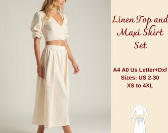 May include: A digital sewing pattern for a linen top and maxi skirt set. The pattern includes sizes US 2-30, XS to 4XL. The pattern is available in A4, A0, US Letter, and DXF formats.