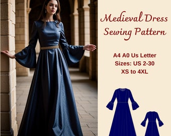 Medieval Dress Sewing Pattern, Celtic Dress, Renaissance Cosplay Pattern, Elvish Dress, Fantasy Gown, Victorian Dress, XS-4XL, A4 A0 US 2-30