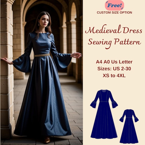 Medieval Dress Sewing Pattern, Celtic Dress, Renaissance Cosplay Pattern, Elvish Dress, Fantasy Gown, Victorian Dress, XS-4XL, A4 A0 US 2-30
