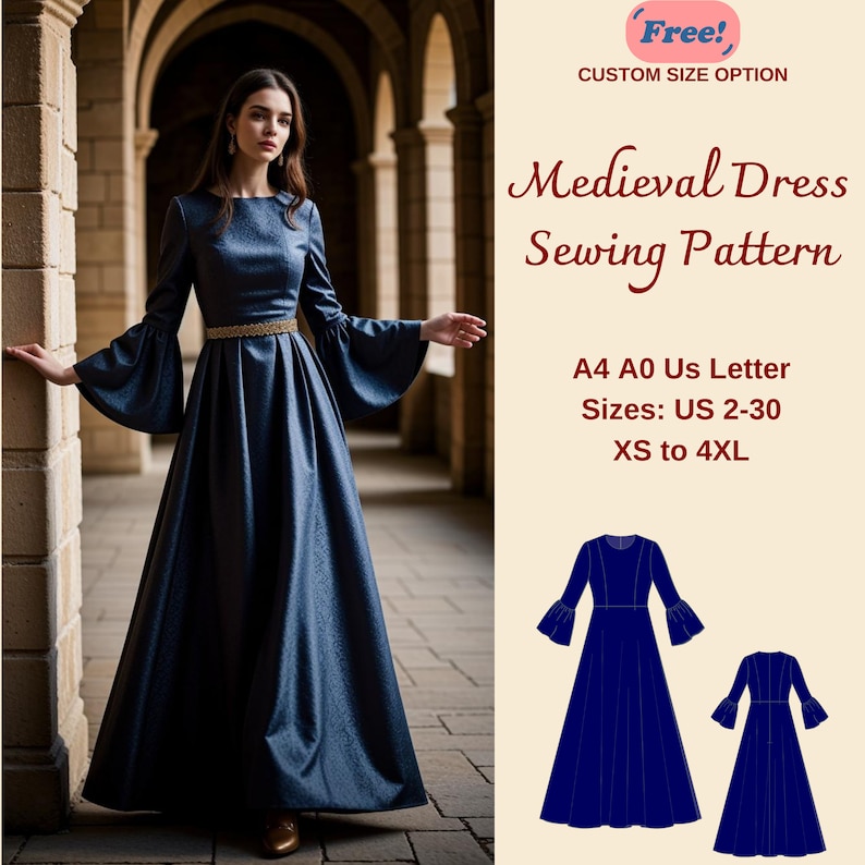 Medieval Dress Sewing Pattern, Celtic Dress, Renaissance Cosplay Pattern, Elvish Dress, Fantasy Gown, Victorian Dress, XS-4XL, A4 A0 US 2-30