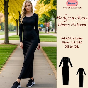 Puede incluir: Un patrón imprimible para un vestido maxi negro. El patrón incluye tallas US 2-30, XS a 4XL. El patrón está disponible en tamaños A4, A0 y carta US.