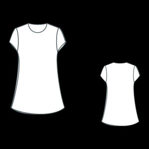 Op de afbeelding: Twee witte T-shirts met korte mouwen en een ronde halslijn worden tegen een zwarte achtergrond getoond. E&eacute;n shirt is groter dan de ander, met een licht uitlopende zoom. De shirts zijn omlijnd in een donkergrijze kleur.