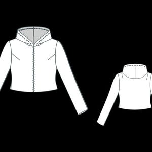 May include: White long-sleeved jacket with a high collar and a decorative, wavy seam down the front. The jacket is cropped and has a simple, clean design. A smaller version of the jacket is also shown.