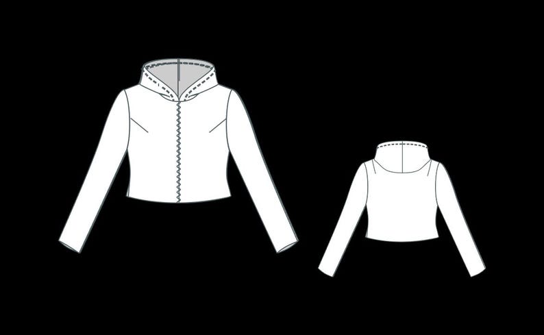 May include: White long-sleeved jacket with a high collar and a decorative, wavy seam down the front. The jacket is cropped and has a simple, clean design. A smaller version of the jacket is also shown.