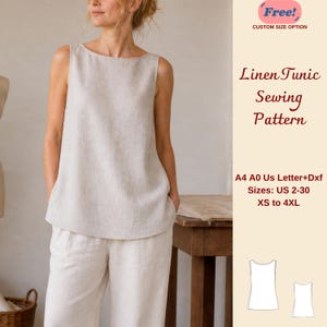 May include: A woman wearing a beige linen tunic and matching pants. The tunic is sleeveless with a boat neck. The image includes text that says "Linen Tunic Sewing Pattern" and size options from US 2-30 and XS to 4XL.