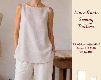 Patrón de costura para túnica de lino con escote barco, top de verano holgado (descarga en PDF)
