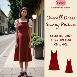 Könnte beinhalten: Ein Schnittmuster für ein Latzkleid in Rot. Das Schnittmuster umfasst die Größen US 2-30, XS bis 4XL. Das Schnittmuster ist in den Formaten A4, A0 und US Letter erhältlich. Der Text "Free! Custom Size Option" befindet sich oben im Bild.