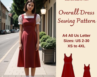 May include: A sewing pattern for an overall dress in red. The pattern includes sizes US 2-30, XS to 4XL. The pattern is available in A4, A0, and US Letter sizes. The text "Free! Custom Size Option" is at the top of the image.