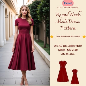 Round Neck Midi Summer Dress Sewing Pattern, Easy Dress Pattern, Evening Dress, Summer Dress, Circle Dress Pattern, Prom Dress, XS-4XL