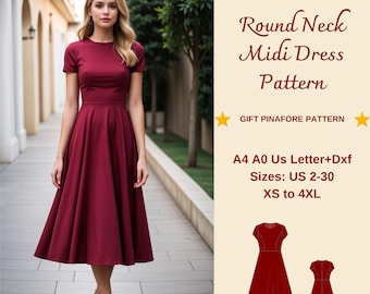 Round Neck Midi Summer Dress Sewing Pattern, Easy Dress Pattern, Evening Dress, Summer Dress, Circle Dress Pattern, Prom Dress, XS-4XL