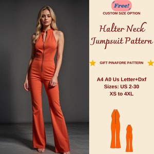Könnte beinhalten: Ein digitales Schnittmuster für einen Jumpsuit mit Halterneck und Reißverschluss vorne. Das Schnittmuster umfasst die Größen US 2-30, XS bis 4XL. Das Schnittmuster ist in den Formaten A4, A0 und US Letter erhältlich. Das Schnittmuster ist auch im DXF-Format erhältlich. Das Bild zeigt eine Frau, die einen Jumpsuit in einem ähnlichen Stil wie das Schnittmuster trägt.