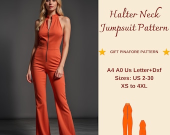 Op de afbeelding: Een digitaal patroon voor een halter jumpsuit met een rits aan de voorkant. Het patroon omvat maten US 2-30, XS tot 4XL. Het patroon is beschikbaar in A4, A0 en US Letter formaten. Het patroon is ook beschikbaar in DXF-formaat. De afbeelding toont een vrouw die een jumpsuit draagt in een vergelijkbare stijl als het patroon.