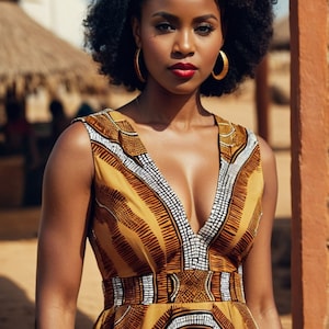 May include: A woman with short, curly black hair wears large gold hoop earrings and a sleeveless dress with a V-neckline. The dress is a brown and white geometric print.