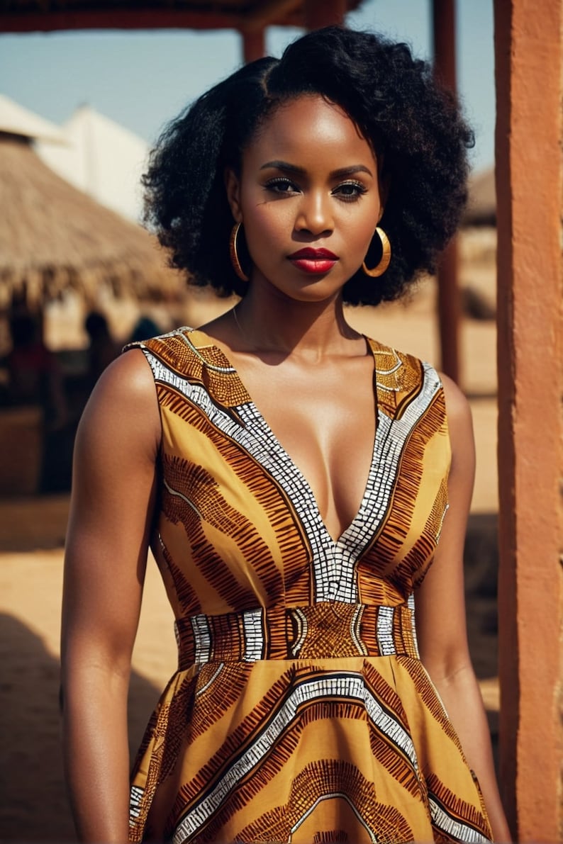 May include: A woman with short, curly black hair wears large gold hoop earrings and a sleeveless dress with a V-neckline. The dress is a brown and white geometric print.