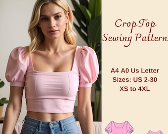 Milkmaid Crop Top Sewing Pattern, Short Sleeve Cottagecore Crop Top, Puff Sleeve Top, Fitted Crop Top Pattern, Crop Blouse Top, XS-4XL