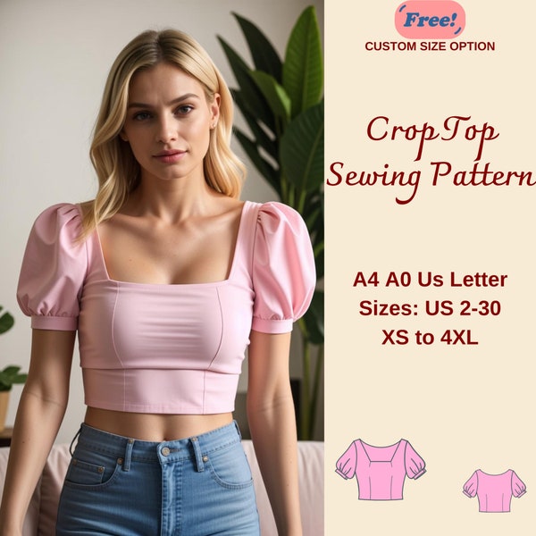 Milkmaid Crop Top Sewing Pattern, Short Sleeve Cottagecore Crop Top, Puff Sleeve Top, Fitted Crop Top Pattern, Crop Blouse Top, XS-4XL