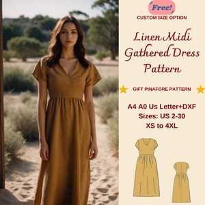 Linen Midi Gathered Dress Sewing Pattern, Cottagecore dress, V Neck dress, Shift Dress, Gathered Dress, Overall Dress, Boho Dress, XS-4XL