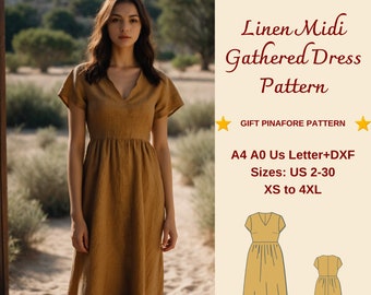 Linen Midi Gathered Dress Sewing Pattern, Cottagecore dress, V Neck dress, Shift Dress, Gathered Dress, Overall Dress, Boho Dress, XS-4XL