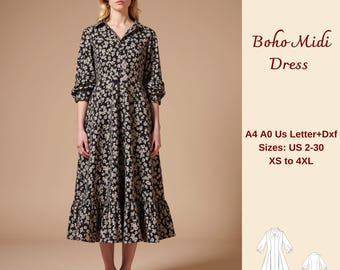 Boho Midi Ruffle Dress Sewing Pattern: XS-4XL (PDF Pattern)