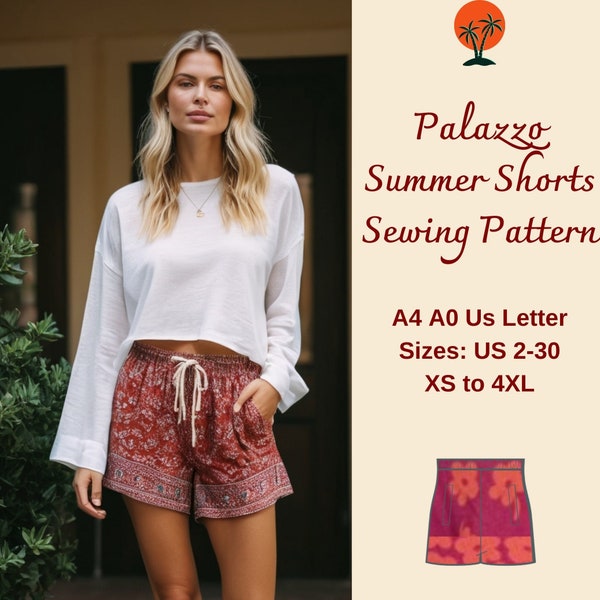 Easy Shorts Sewing Pattern, Palazzo Shorts, Elastic shorts Pattern, Beach Shorts Pattern, Boho Shorts, Summer Shorts Pattern, XS-4XL